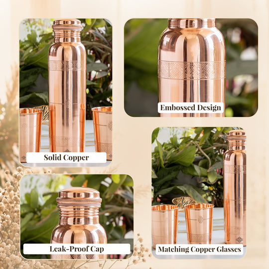 Pure Copper Drinkware Gift Set- Antique Finish Embossed Design