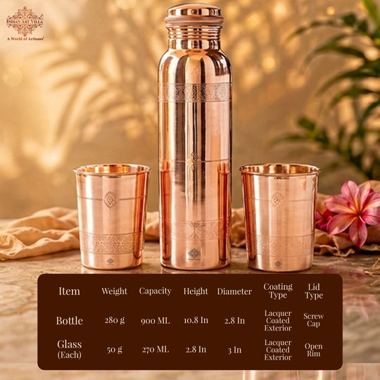 Pure Copper Drinkware Gift Set- Antique Finish Embossed Design