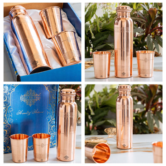 Pure Copper Drinkware Gift Set- Antique Finish Embossed Design