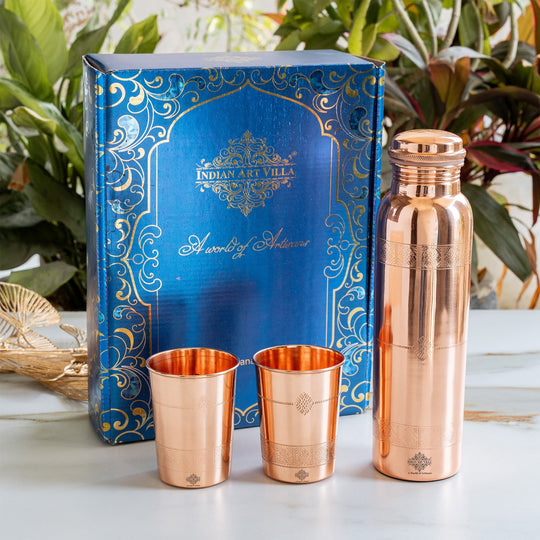 Pure Copper Drinkware Gift Set- Antique Finish Embossed Design