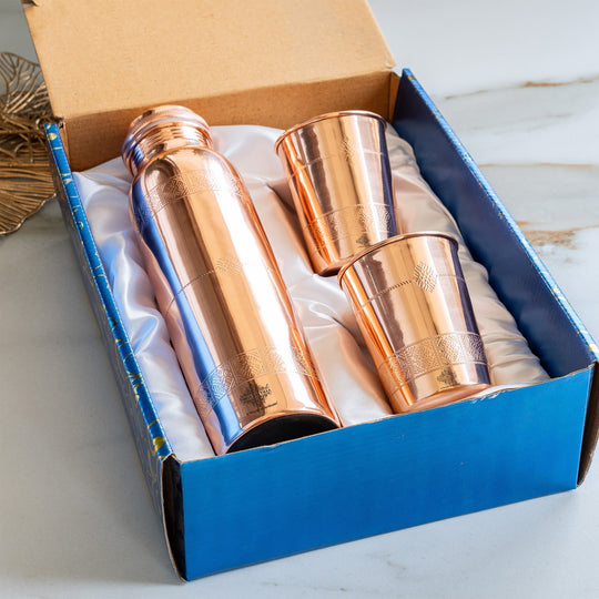 Pure Copper Drinkware Gift Set- Antique Finish Embossed Design