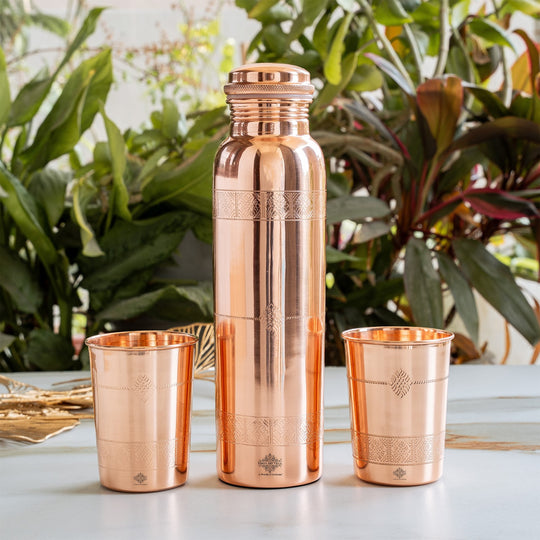 Pure Copper Drinkware Gift Set- Antique Finish Embossed Design