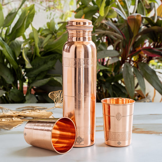 Pure Copper Drinkware Gift Set- Antique Finish Embossed Design