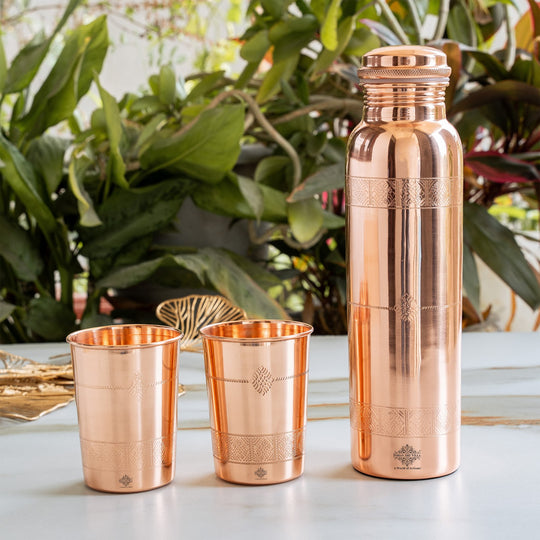 Pure Copper Drinkware Gift Set- Antique Finish Embossed Design