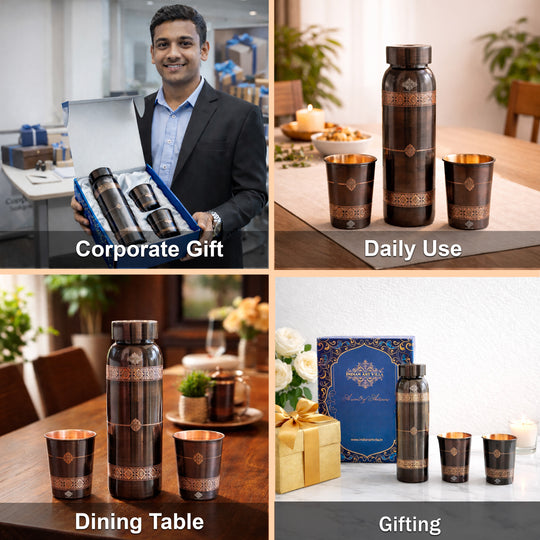 Pure Copper Drinkware Gift Set- Antique Finish Embossed Design