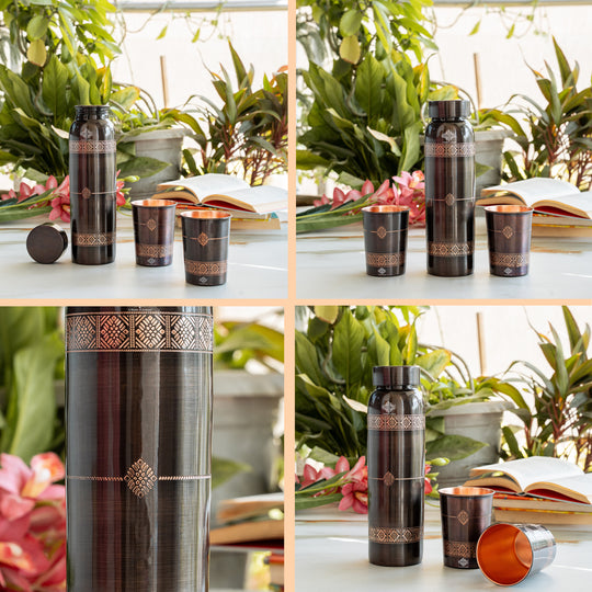 Pure Copper Drinkware Gift Set- Antique Finish Embossed Design