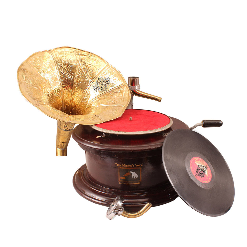 Indian Art Villa Pure Brass Round Wooden Base Gramophone with Designer Brass Horn