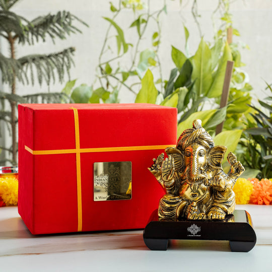 Brass Finish Ganesh Ji Murti with Velvet Gift Box