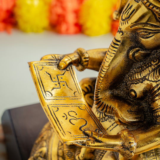 Brass Finish Ganesh Ji Murti with Wooden Base & Velvet Box