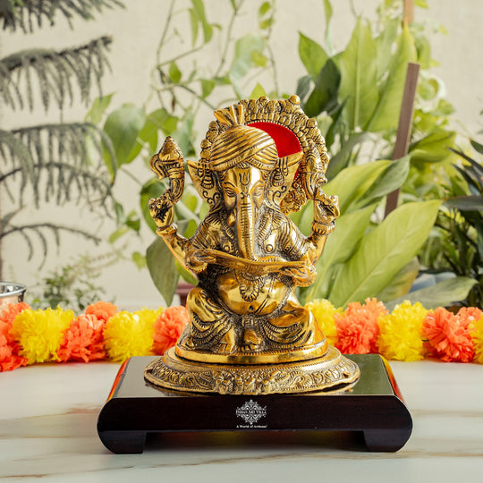 Brass Finish Ganesh Ji Murti with Wooden Base & Velvet Box