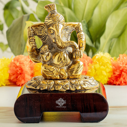Brass Finish Ganesh Ji Murti with Wooden Base