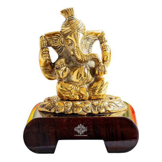 Brass Finish Ganesh Ji Murti with Wooden Base
