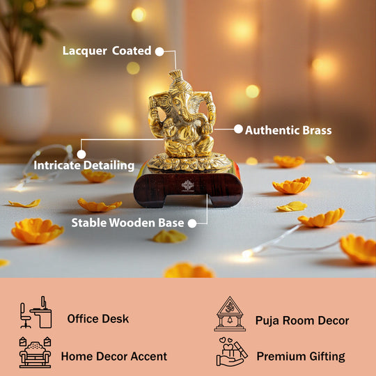 Brass Finish Ganesh Ji Murti with Wooden Base