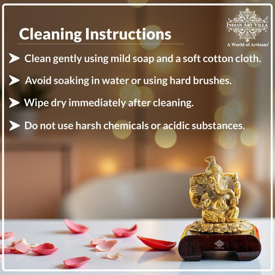 Brass Finish Ganesh Ji Murti with Wooden Base