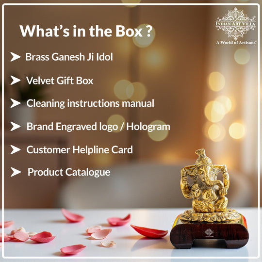 Brass Finish Ganesh Ji Murti with Wooden Base