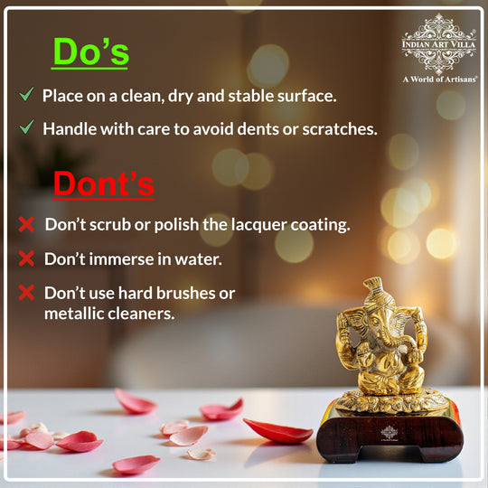 Brass Finish Ganesh Ji Murti with Wooden Base