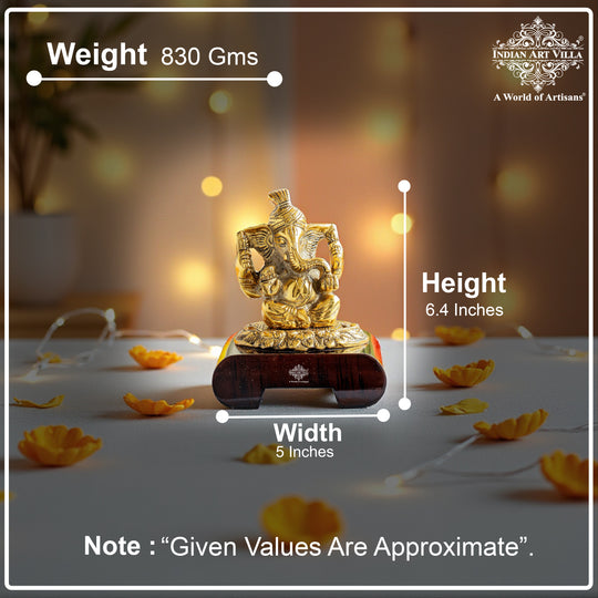 Brass Finish Ganesh Ji Murti with Wooden Base
