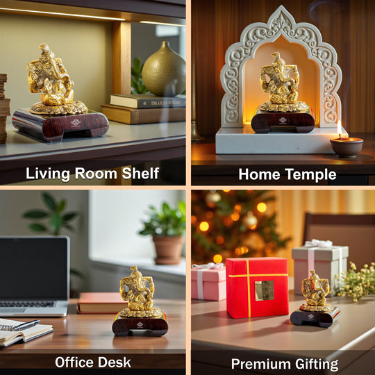 Brass Finish Ganesh Ji Murti with Wooden Base