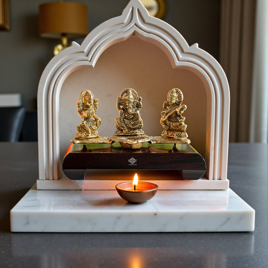 Brass Finish Ganesh Ji Laxmi JI & Saraswati Ji Murti On Wooden Base