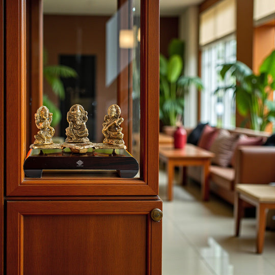 Brass Finish Ganesh Ji Laxmi JI & Saraswati Ji Murti On Wooden Base