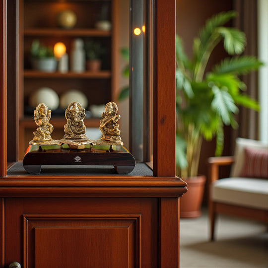 Brass Finish Ganesh Ji Laxmi JI & Saraswati Ji Murti On Wooden Base