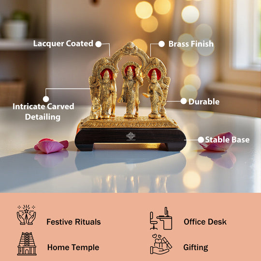 Brass Finish Ram Darbar Murti With wooden Base for Home Temple & Pooja Decor
