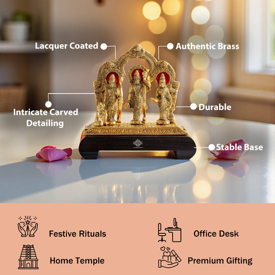 Brass Finish Ram Darbar Murti With wooden Base for Home Temple & Pooja Decor