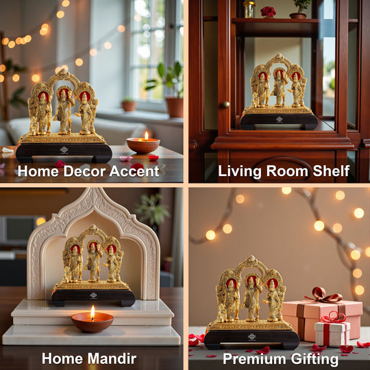 Brass Finish Ram Darbar Murti With wooden Base for Home Temple & Pooja Decor