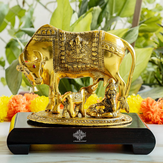 Brass Finish Kamadhenu Cow With Calf & Kanha JI