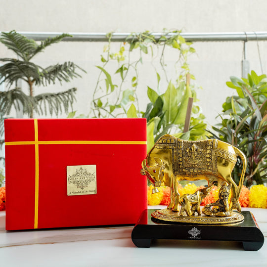 Brass Finish Kamadhenu Cow With Calf & Kanha JI