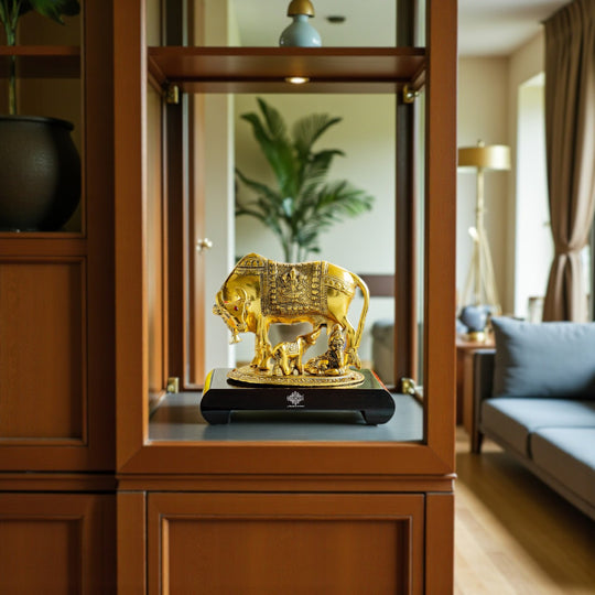 Brass Finish Kamadhenu Cow With Calf & Kanha JI