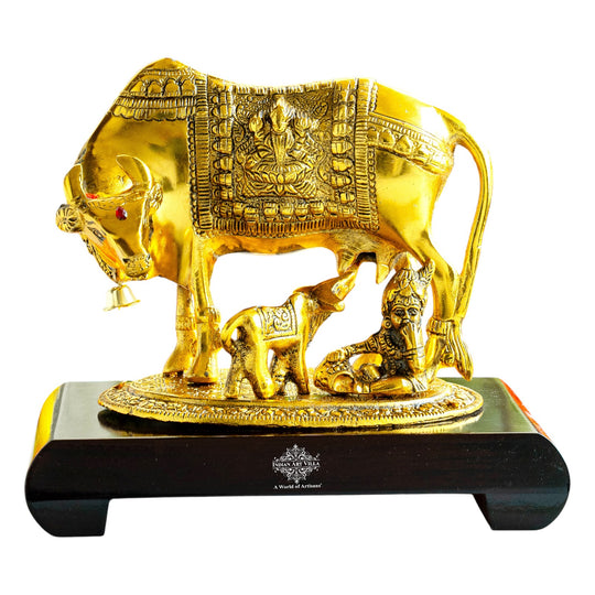 Brass Finish Kamadhenu Cow With Calf & Kanha JI