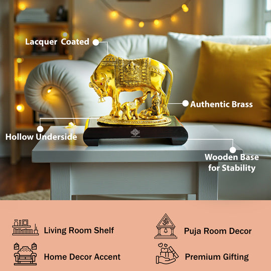 Brass Finish Kamadhenu Cow With Calf & Kanha JI