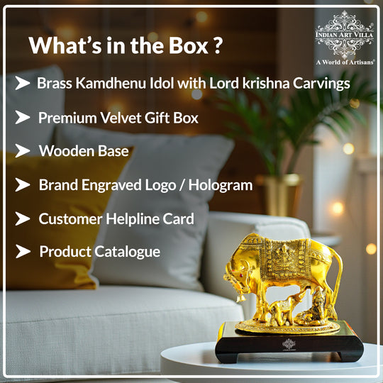 Brass Finish Kamadhenu Cow With Calf & Kanha JI