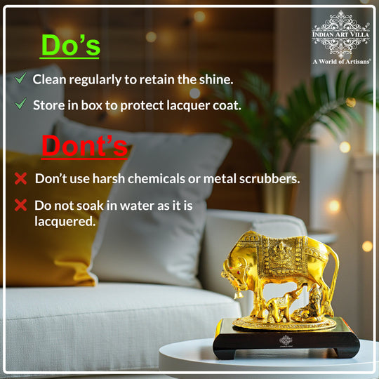 Brass Finish Kamadhenu Cow With Calf & Kanha JI