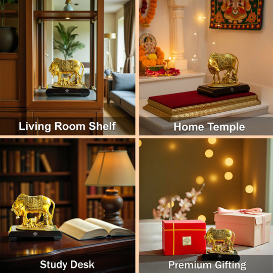 Brass Finish Kamadhenu Cow With Calf & Kanha JI