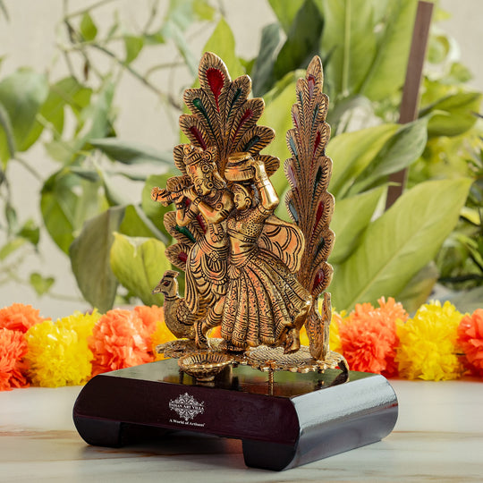 Brass Finish Colorfull Radha Krishna Murti with Wooden Base