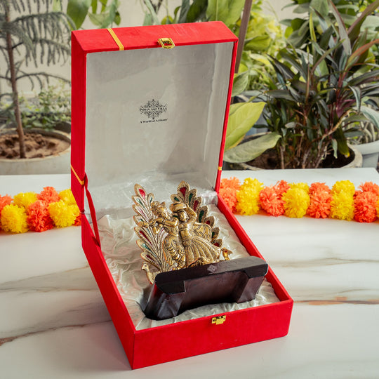Brass Finish Colorfull Radha Krishna Murti with Wooden Base