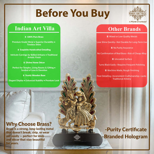 Brass Finish Colorfull Radha Krishna Murti with Wooden Base