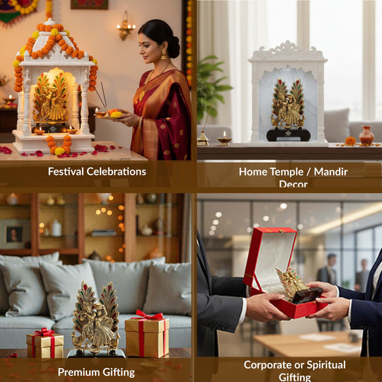 Brass Finish Colorfull Radha Krishna Murti with Wooden Base