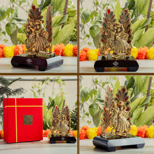 Brass Finish Colorfull Radha Krishna Murti with Wooden Base