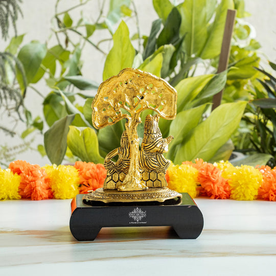 Brass Finish Radha Krishna Murti with Wooden Base