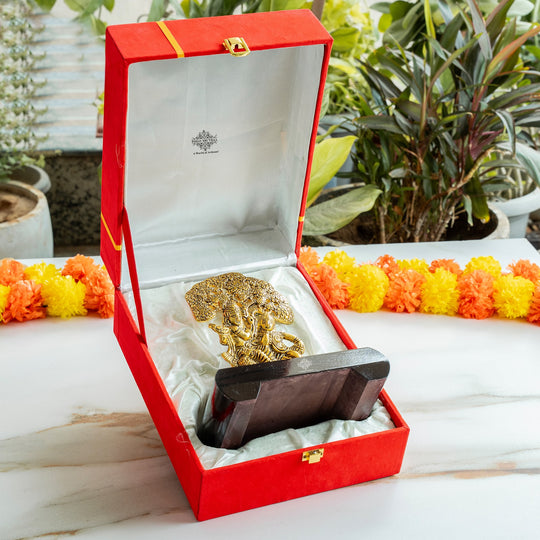 Brass Finish Radha Krishna Murti with Wooden Base