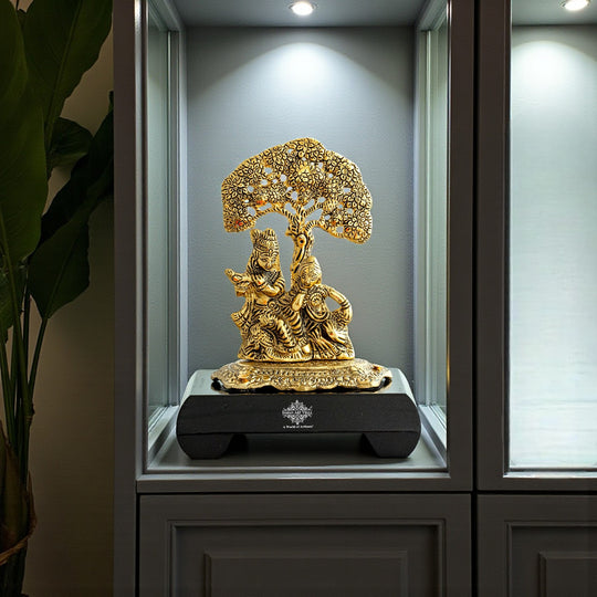 Brass Finish Radha Krishna Murti with Wooden Base