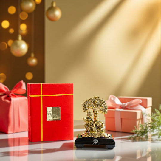 Brass Finish Radha Krishna Murti with Wooden Base