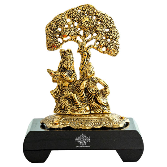 Brass Finish Radha Krishna Murti with Wooden Base