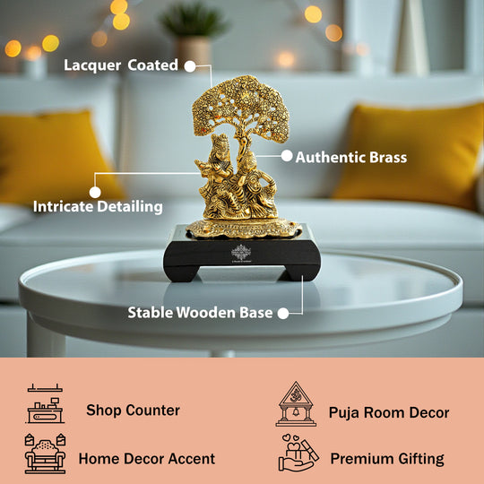 Brass Finish Radha Krishna Murti with Wooden Base