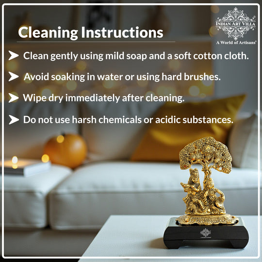 Brass Finish Radha Krishna Murti with Wooden Base