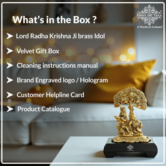 Brass Finish Radha Krishna Murti with Wooden Base