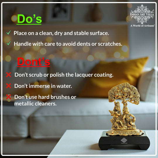 Brass Finish Radha Krishna Murti with Wooden Base